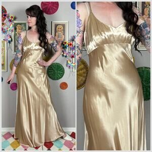 Vintage 1990s Shiny Gold Satin Sleeveless Strappy Back Slipdress